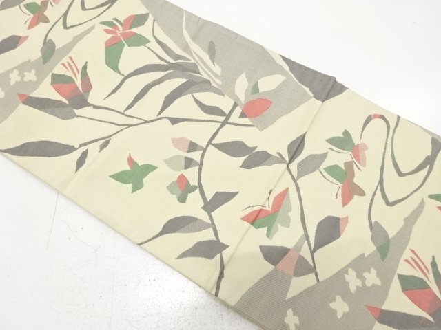 Butterfly and flower pattern woven sackcloth obi